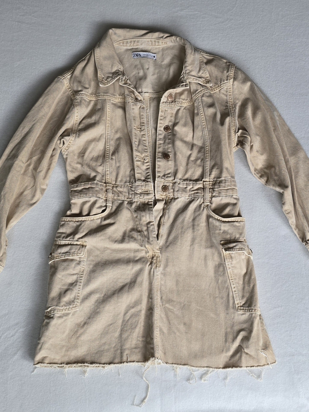 ZARA Beige Button Jacket Dress w/ Pockets Collared Mid-Length Long Sleeve Sz XL